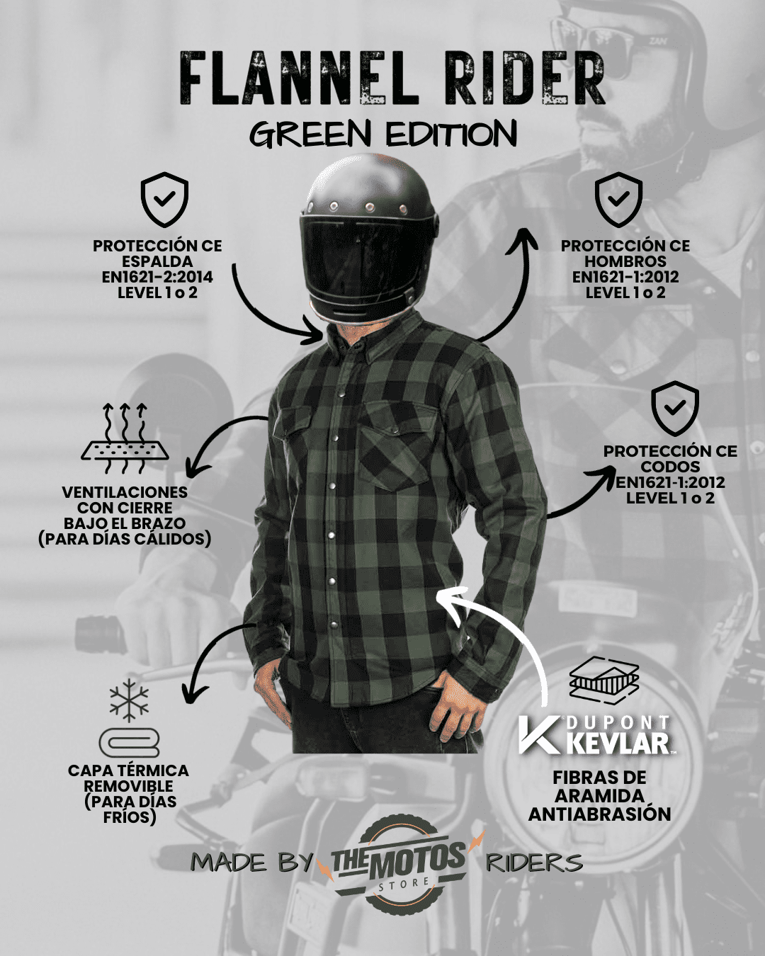 TEXAS FLANNEL RIDER | Camisa protectora | (Thermal Edition) Verde/Negro - Imagen 3